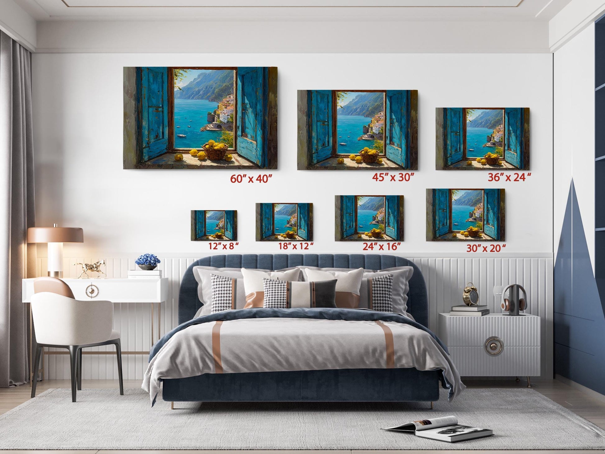 The image is a bedroom with a large bed, a nightstand, and a desk. Above the bed, there are six framed paintings of scenic views, including a view of a blue ocean and mountains. The paintings vary in size, with some being larger than others. The room has a modern and stylish design, with a blue and white color scheme.