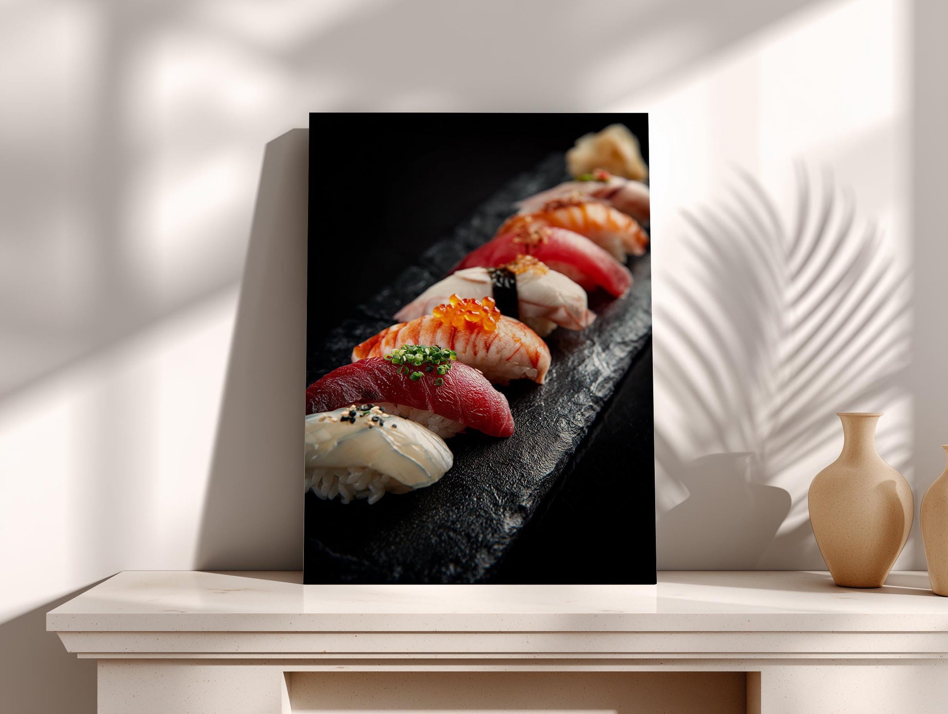 A framed photograph of a variety of sushi rolls on a black plate, displayed on a white shelf.