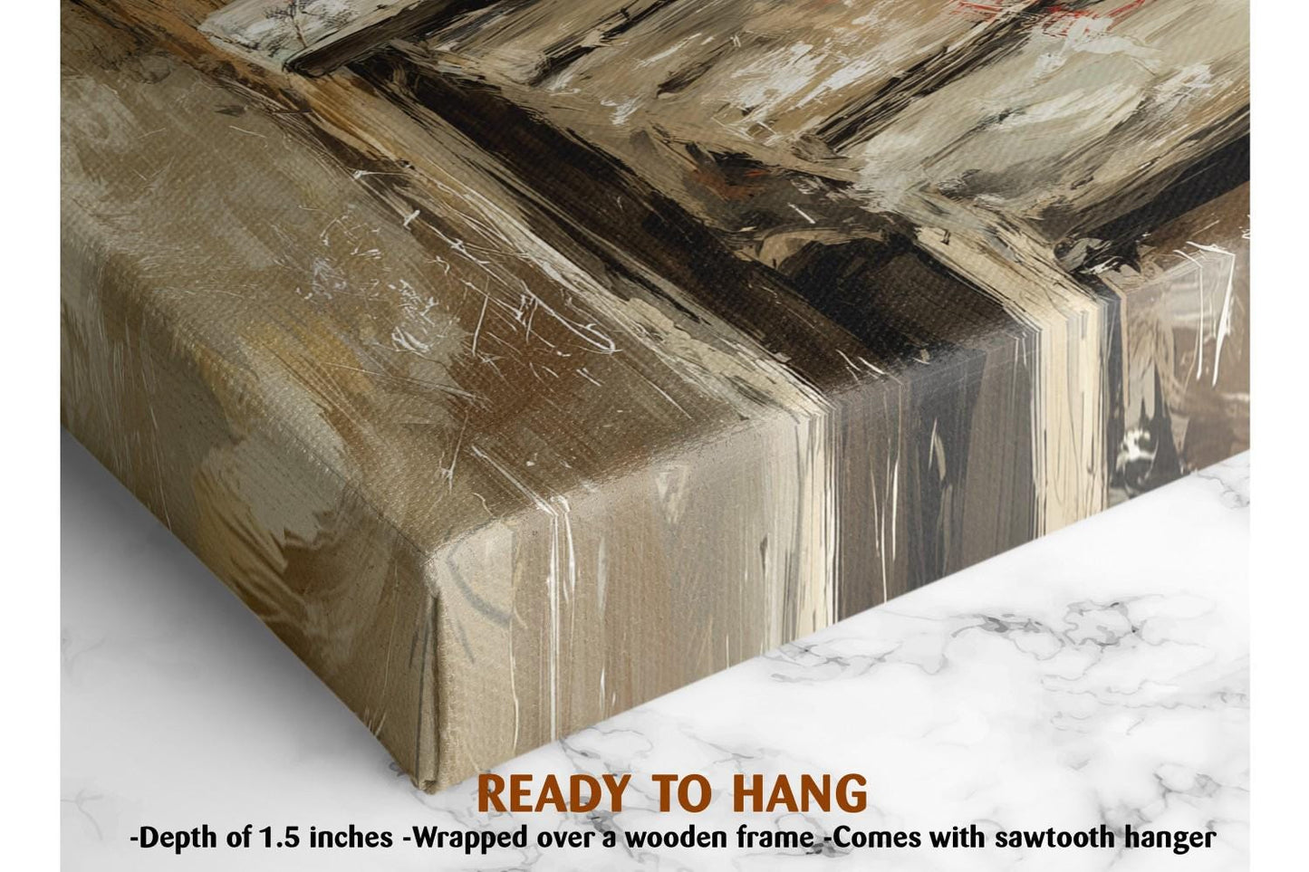 The image is a close-up of a wooden frame with a painting on top of it, and there is a text overlay that reads &quot;READY TO HANG&quot; and &quot;Depth of 1.5 inches - Wrapped over a wooden frame - Comes with sawtooth hanger&quot;.