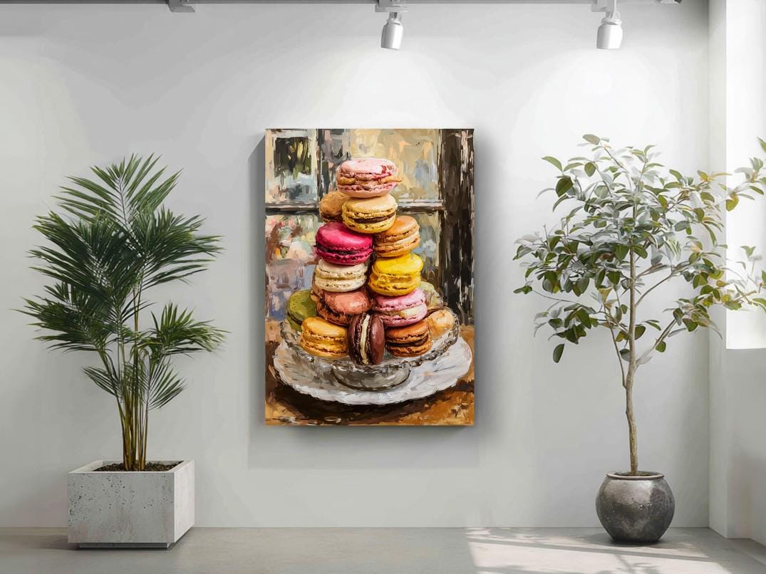 a large painting of a plate of colorful macarons hanging on a wall, with a potted plant to the left and a plant to the right.