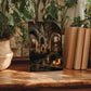 a wooden table with a framed photograph of a church interior, surrounded by potted plants and books.