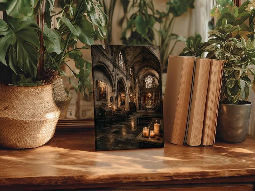 a wooden table with a framed photograph of a church interior, surrounded by potted plants and books.