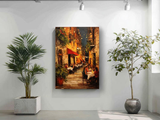 a lively street scene with people dining at outdoor tables, surrounded by colorful buildings and lush greenery.