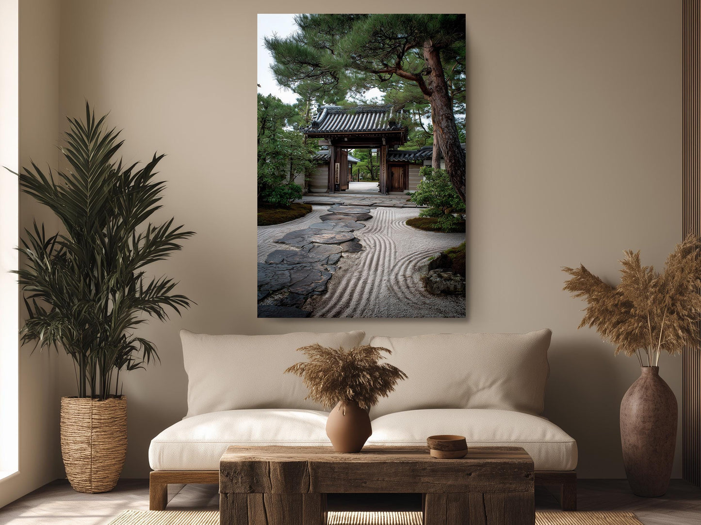 a serene Japanese garden scene with a traditional wooden gate and a stone path leading to a temple. The garden is surrounded by lush greenery, including a variety of potted plants. The room has a comfortable seating area with a sofa and a wooden coffee table, and a large window allows natural light to illuminate the space.