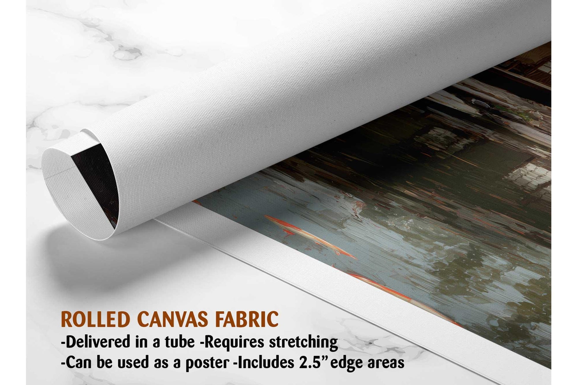 The image is a rolled canvas fabric, which is a type of canvas material used for painting or printing. It is described as a tube-delivered fabric, which means it is delivered in a tube and requires stretching before use. The fabric can be used as a poster, with a 2.5&quot; edge area.