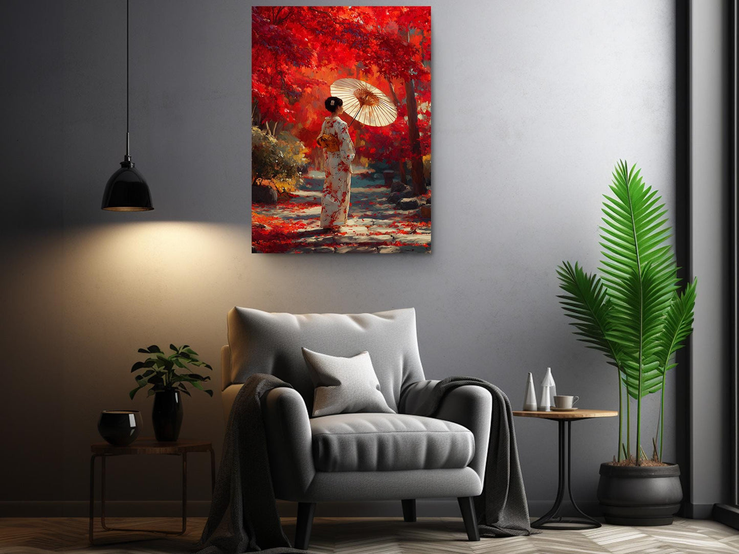 a woman in a kimono holding an umbrella, standing in a garden with red foliage. The scene is set against a gray wall, with a gray armchair, a potted plant, and a black lamp in the foreground.