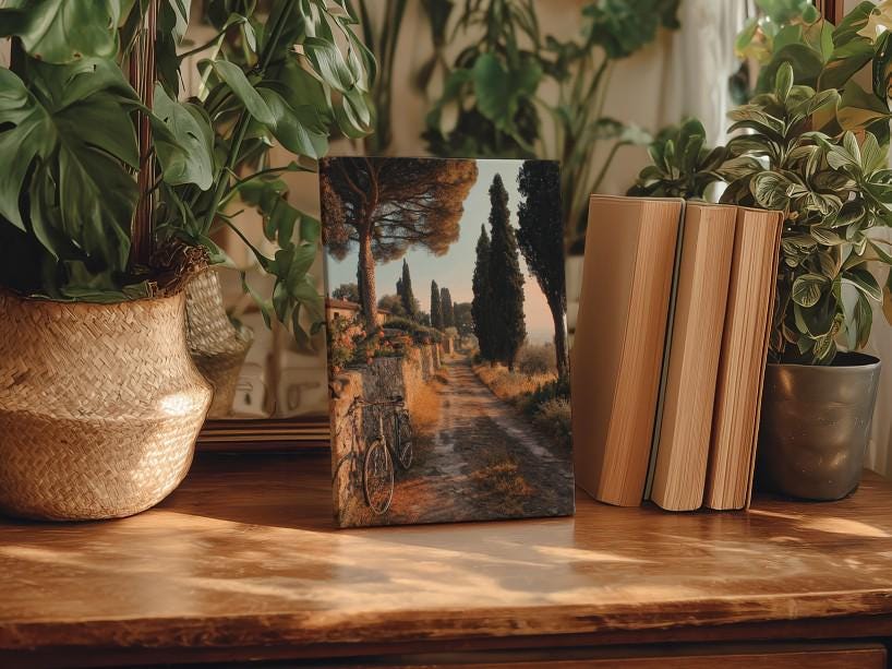 a wooden table with a framed painting of a scenic countryside landscape, surrounded by potted plants and books.