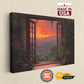 The image is a painting of a tropical landscape with a view through an open window, featuring a sunset over a body of water.