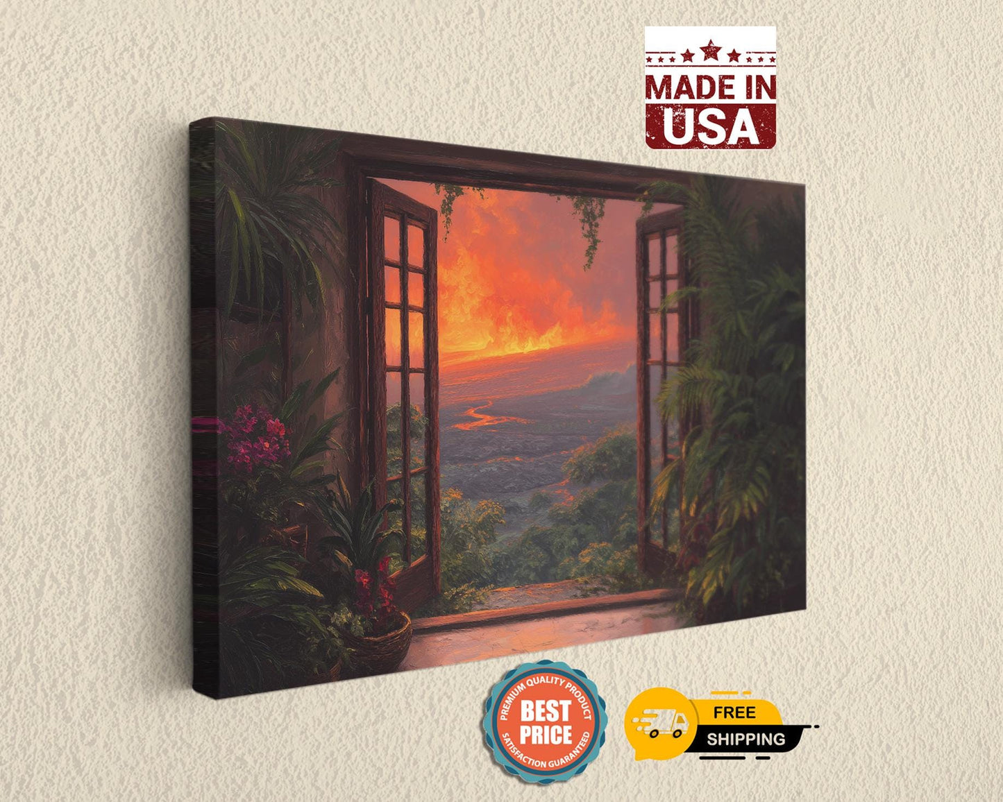 The image is a painting of a tropical landscape with a view through an open window, featuring a sunset over a body of water.