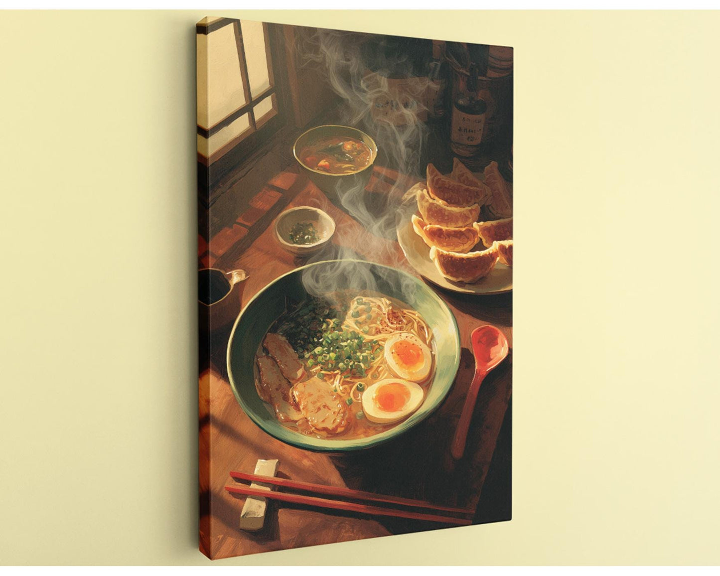 A wooden table with a bowl of ramen noodles, a plate of dumplings, and a bowl of soup, all accompanied by chopsticks and a steaming bowl of soup.