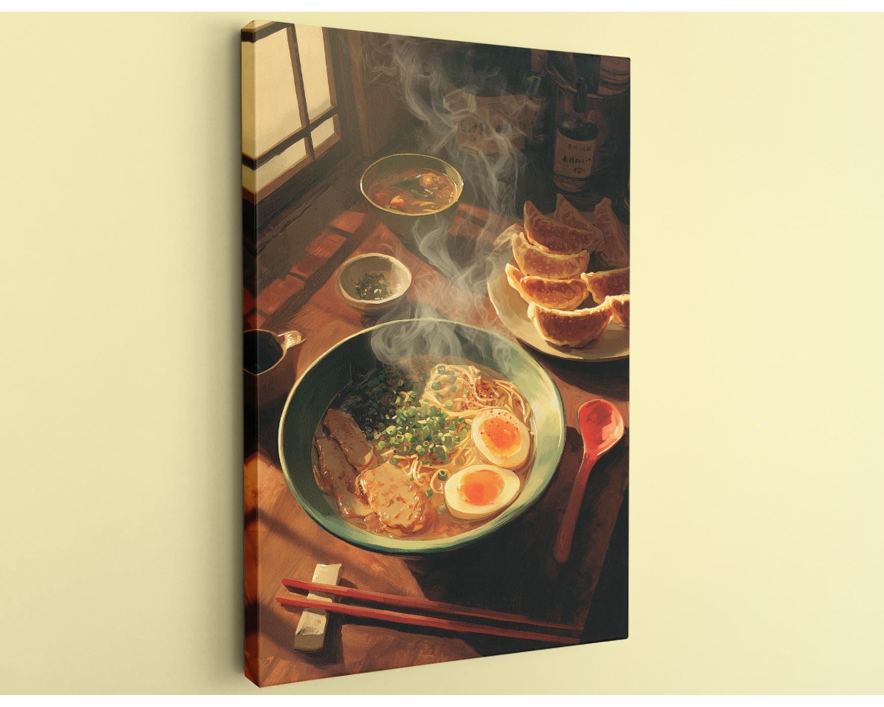 A wooden table with a bowl of ramen noodles, a plate of dumplings, and a bowl of soup, all accompanied by chopsticks and a steaming bowl of soup.