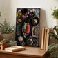 a wooden table with a variety of potted plants, a book, and a framed collage of different bowls and dishes containing various food items.