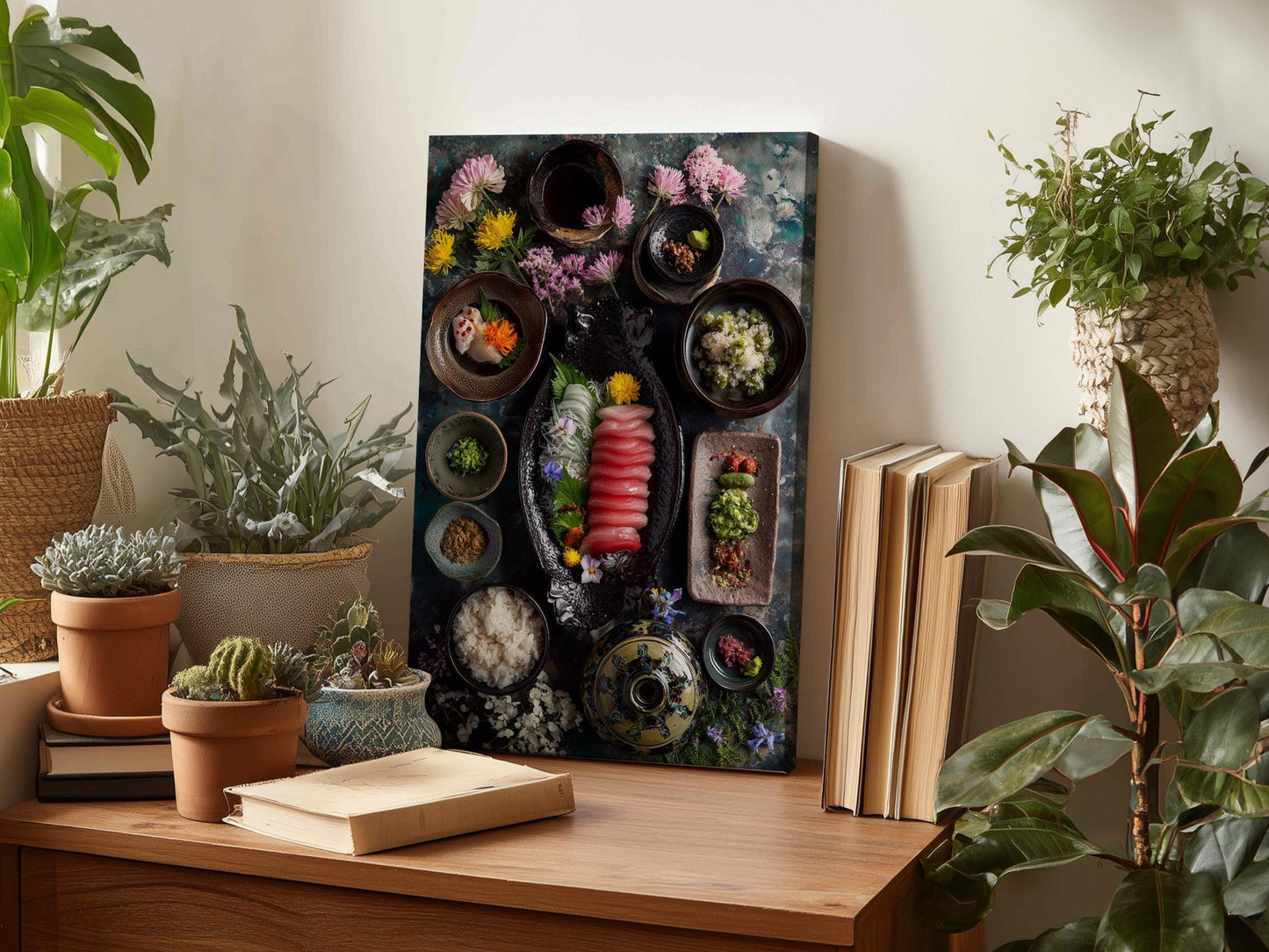 a wooden table with a variety of potted plants, a book, and a framed collage of different bowls and dishes containing various food items.