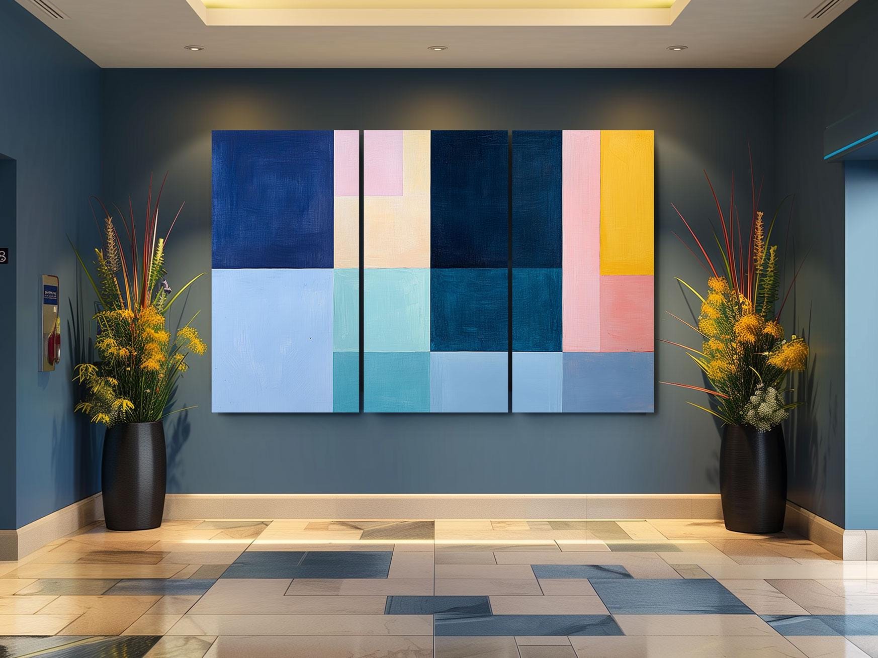 a room with a large painting on the wall