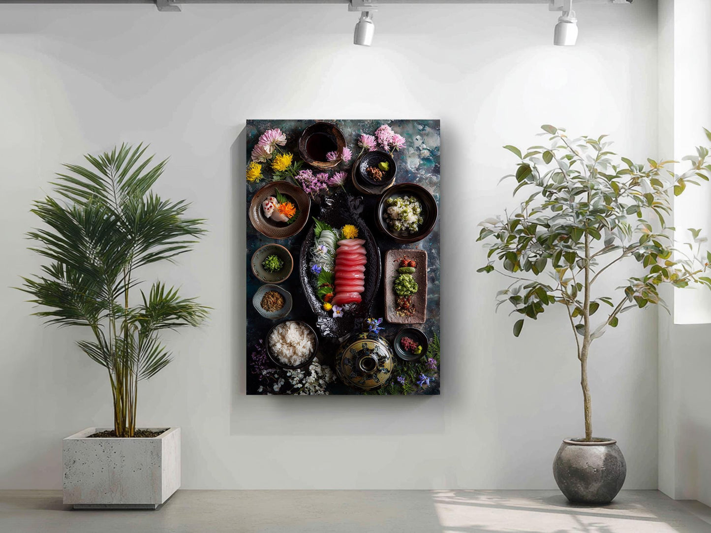 a large, colorful, and visually appealing arrangement of various bowls, plates, and other food items on a wall, with a potted plant to the left and a plant to the right.