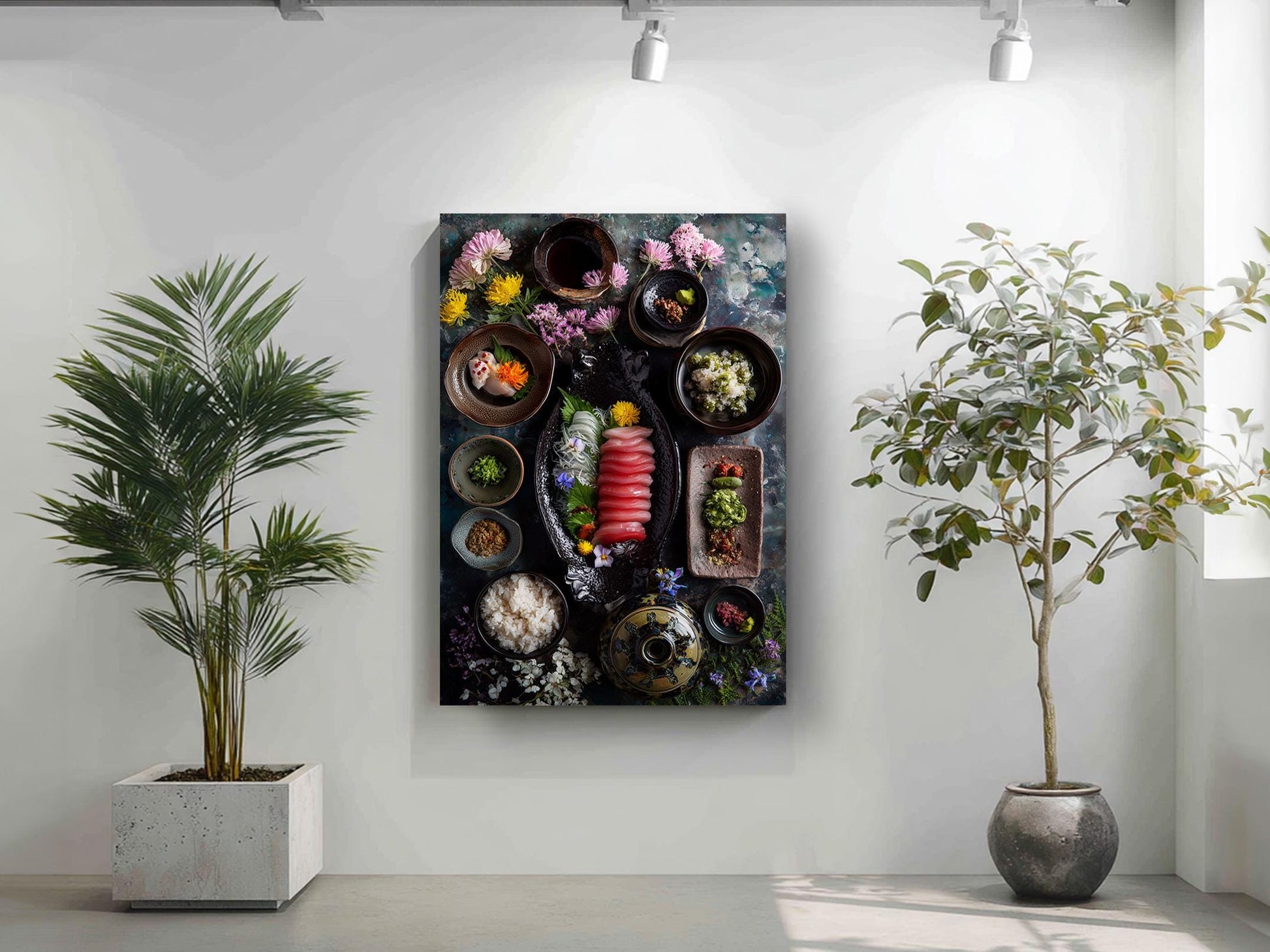 a large, colorful, and visually appealing arrangement of various bowls, plates, and other food items on a wall, with a potted plant to the left and a plant to the right.