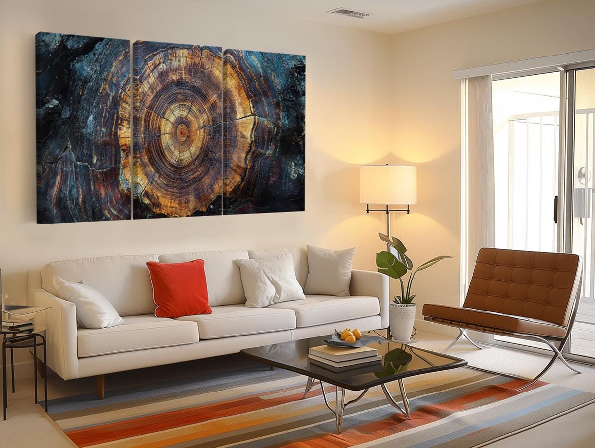 a living room filled with furniture and a painting on the wall