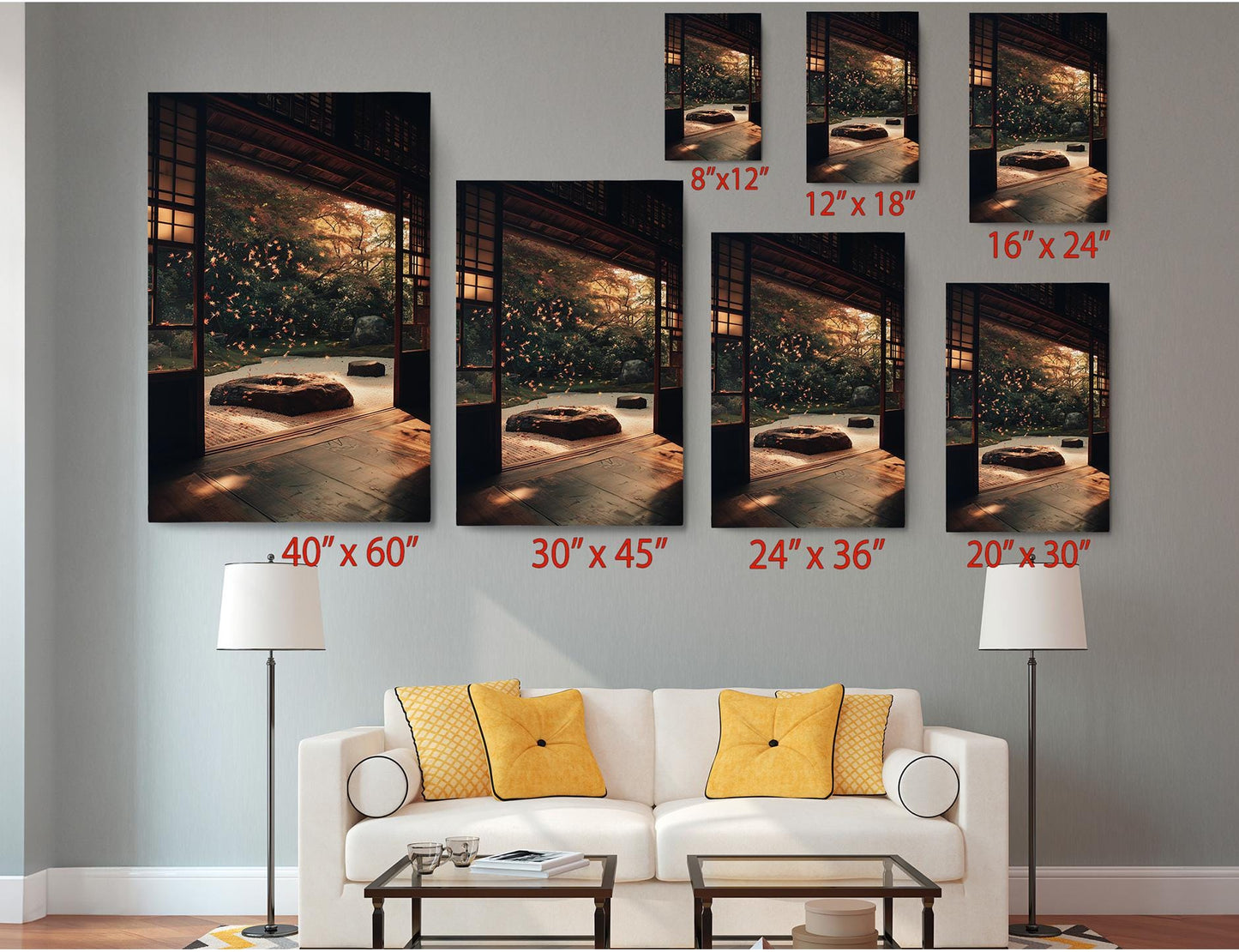 a living room with a white sofa and a coffee table, along with several framed photographs of the same scene displayed on the wall. The photographs vary in size, ranging from 6&quot; x 12&quot; to 24&quot; x 36&quot;. The wall also has text indicating the size of each photograph, with numbers ranging from 40&quot; x 60&quot; to 24&quot; x 36&quot; and corresponding to the respective photographs.