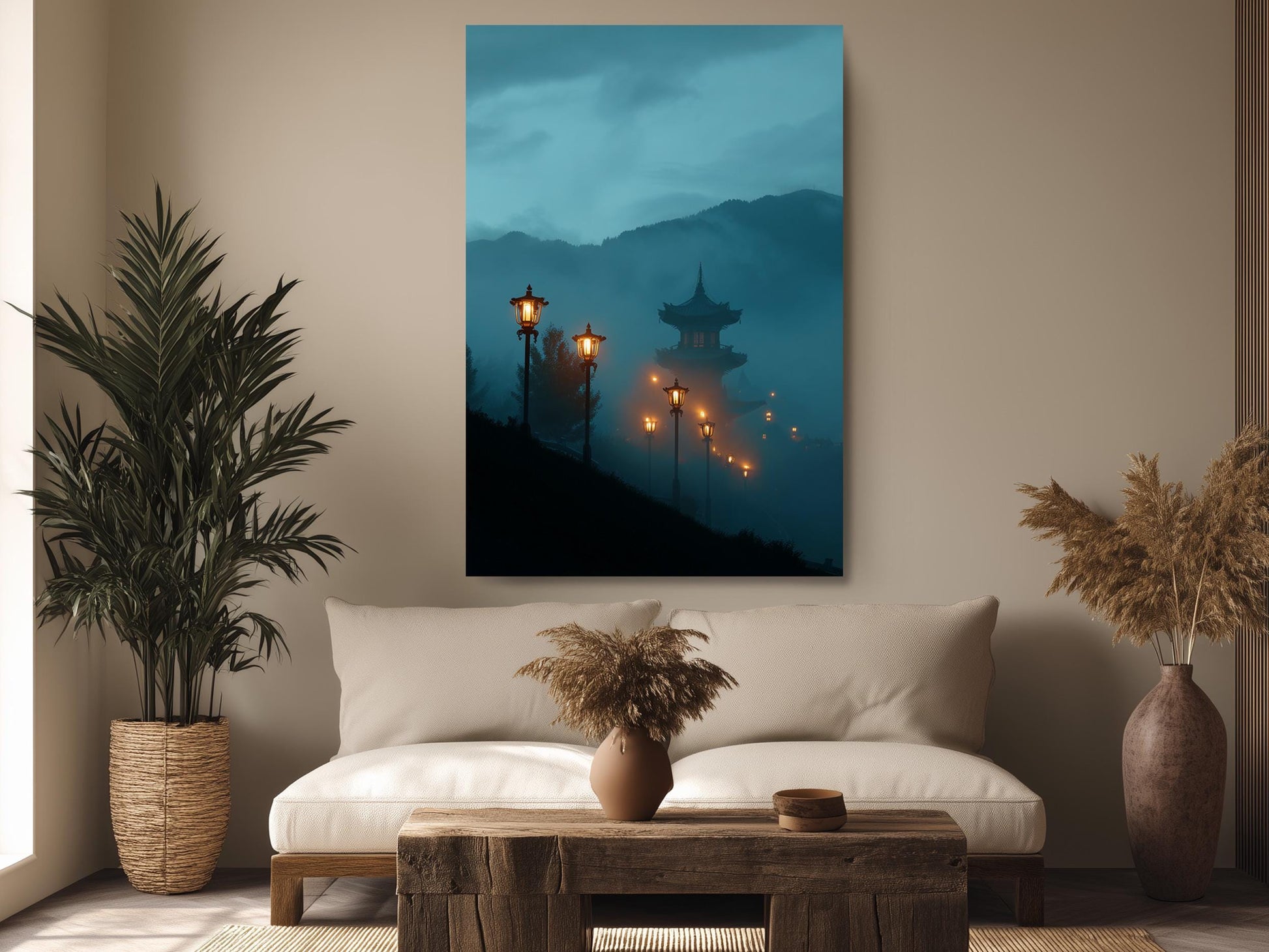 a serene living room with a large painting of a temple at night, a sofa, a coffee table, and potted plants.