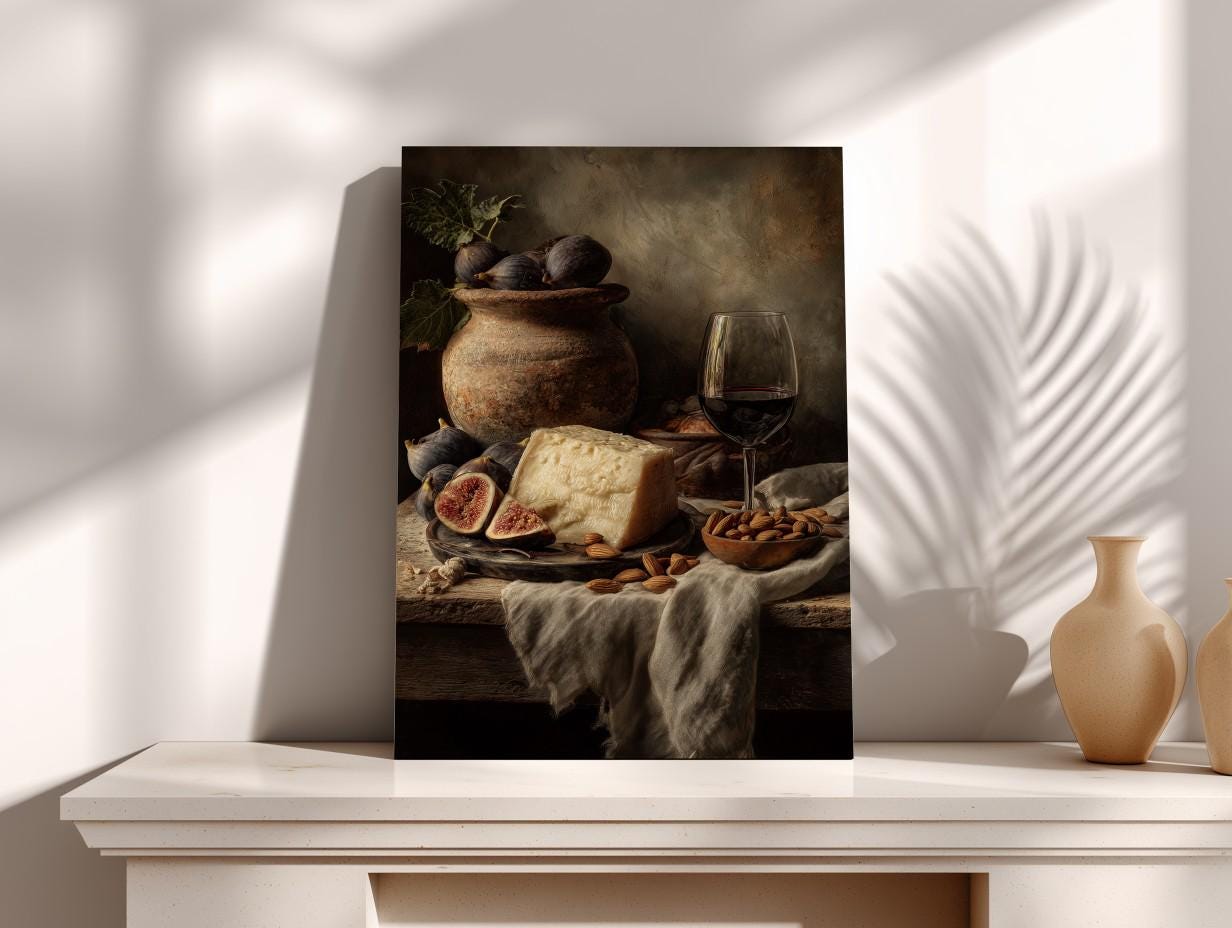 a still life arrangement on a white shelf, featuring a vase, a bowl of fruit, a glass of wine, and a piece of cheese.