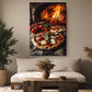 a cozy living room with a large pizza on a wooden table, a fireplace, and a comfortable couch.