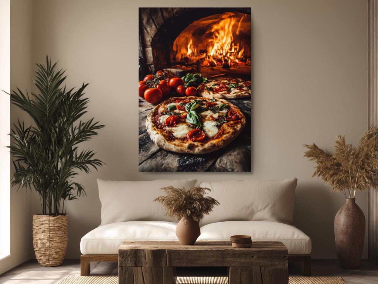 a cozy living room with a large pizza on a wooden table, a fireplace, and a comfortable couch.