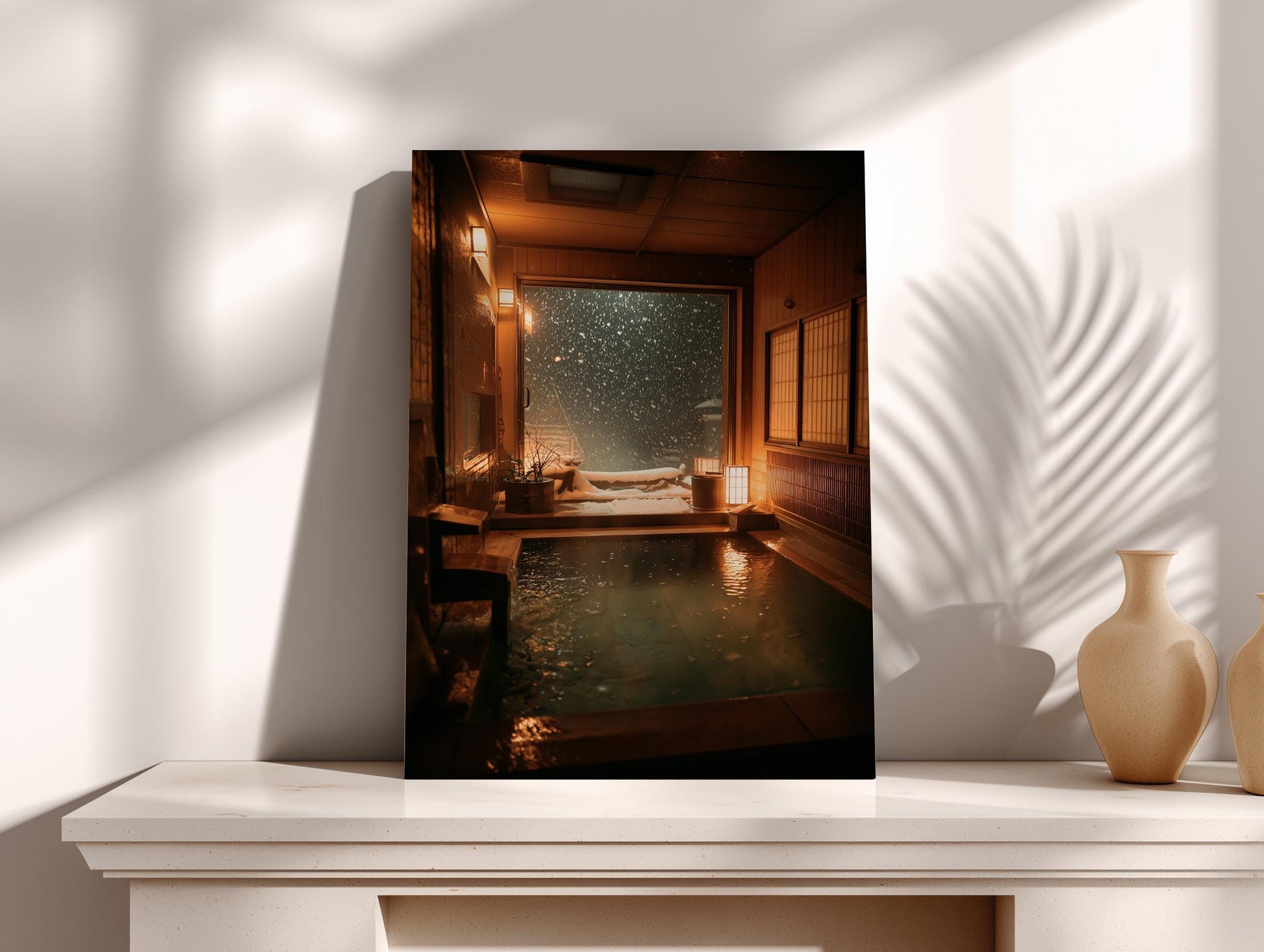 A framed photograph depicting a serene indoor setting with a hot tub, a window with falling snow, and a warm, inviting atmosphere.