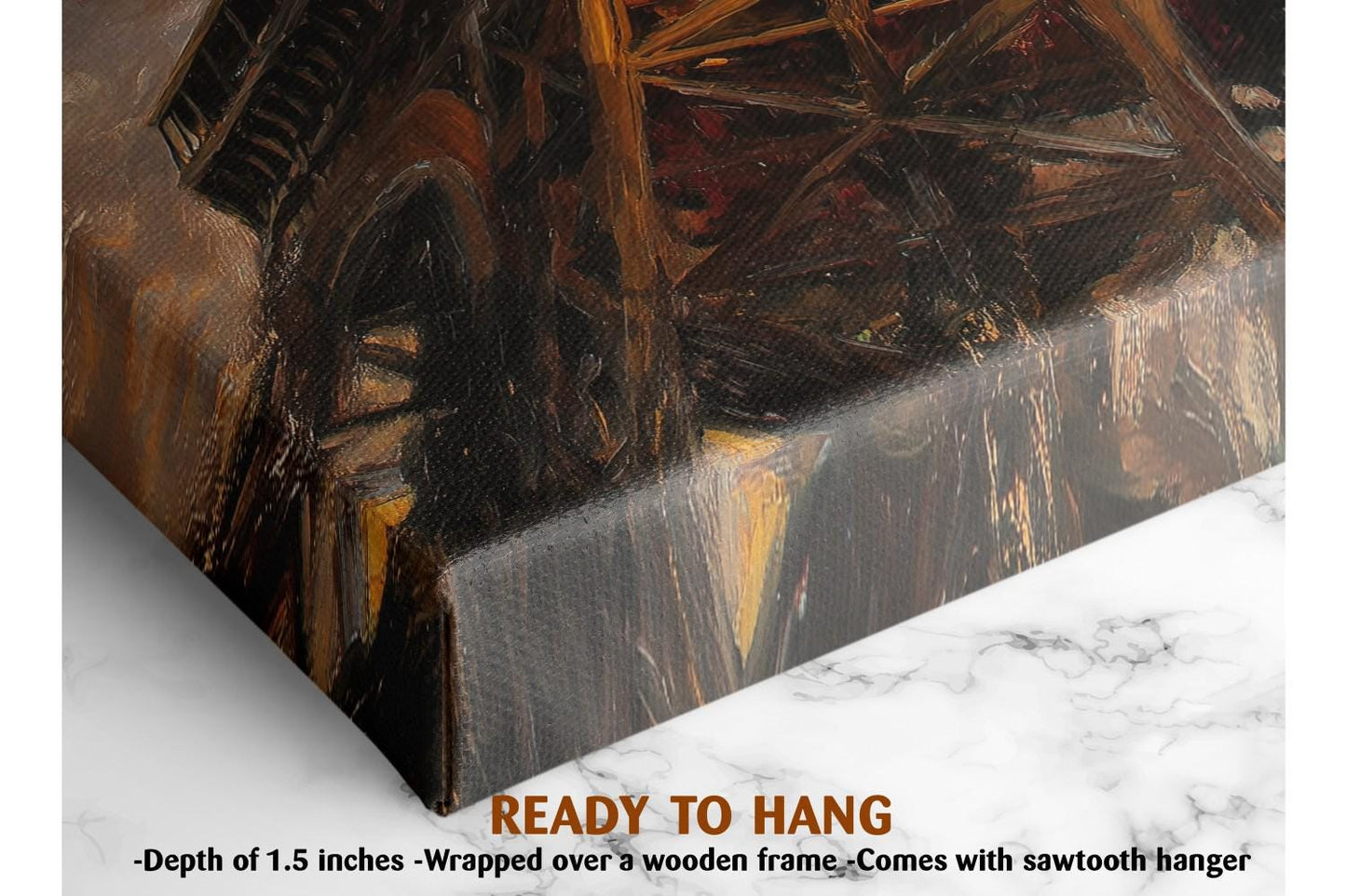 The image is a close-up of a painting or artwork with a wooden frame, and it is described as a ready-to-hang piece.