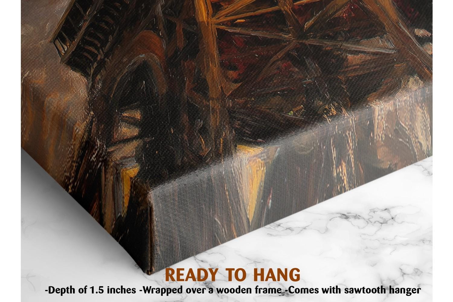 The image is a close-up of a painting or artwork with a wooden frame, and it is described as a ready-to-hang piece.