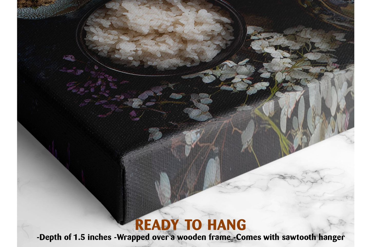 a close-up view of a bowl of rice placed on a black surface, with a floral pattern on the surface.