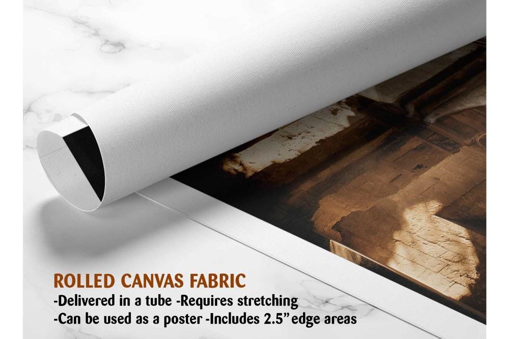 The image is a rolled canvas fabric, which is a type of canvas material used for painting or printing. It is described as a tube-delivered fabric that requires stretching and can be used as a poster with a 2.5&quot; edge area.