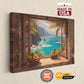 The image is a painting of a tropical beach scene, featuring a view of the ocean through an open window. The painting is framed and displayed on a wall, with a &quot;Made in USA&quot; logo in the top right corner.