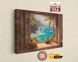 The image is a painting of a tropical beach scene, featuring a view of the ocean through an open window. The painting is framed and displayed on a wall, with a &quot;Made in USA&quot; logo in the top right corner.