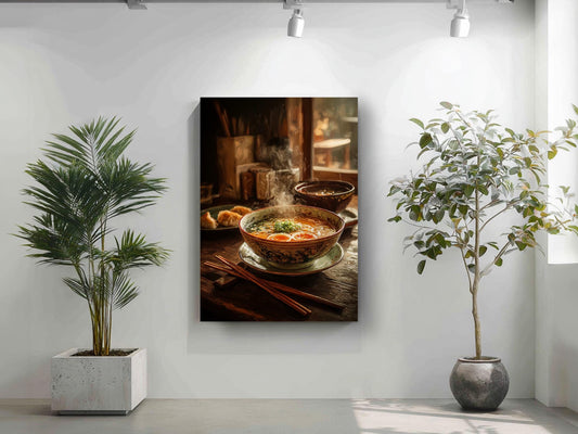a cozy dining scene with a bowl of soup, a plate of food, and a potted plant on a white wall.