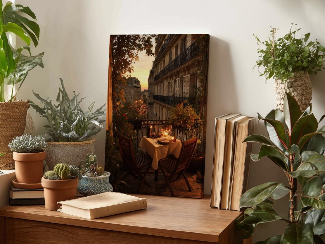 a cozy indoor setting with a table set for a meal, surrounded by potted plants and books, creating a warm and inviting atmosphere.
