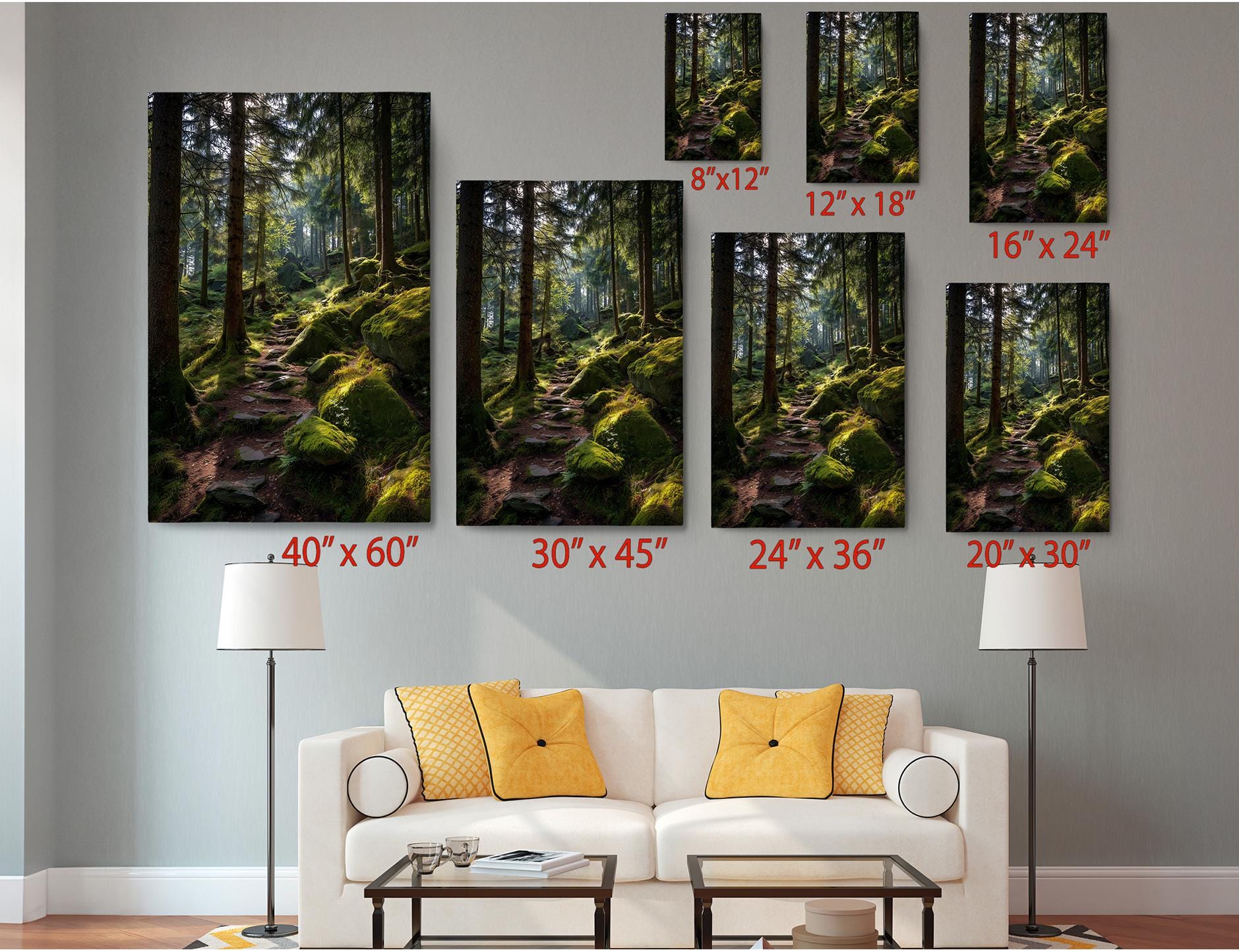 a living room with a white sofa and a coffee table, and several framed photographs of forest scenes displayed on the wall above the sofa.