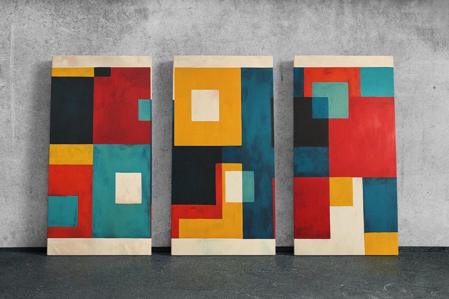 three pieces of art on a wall in a room