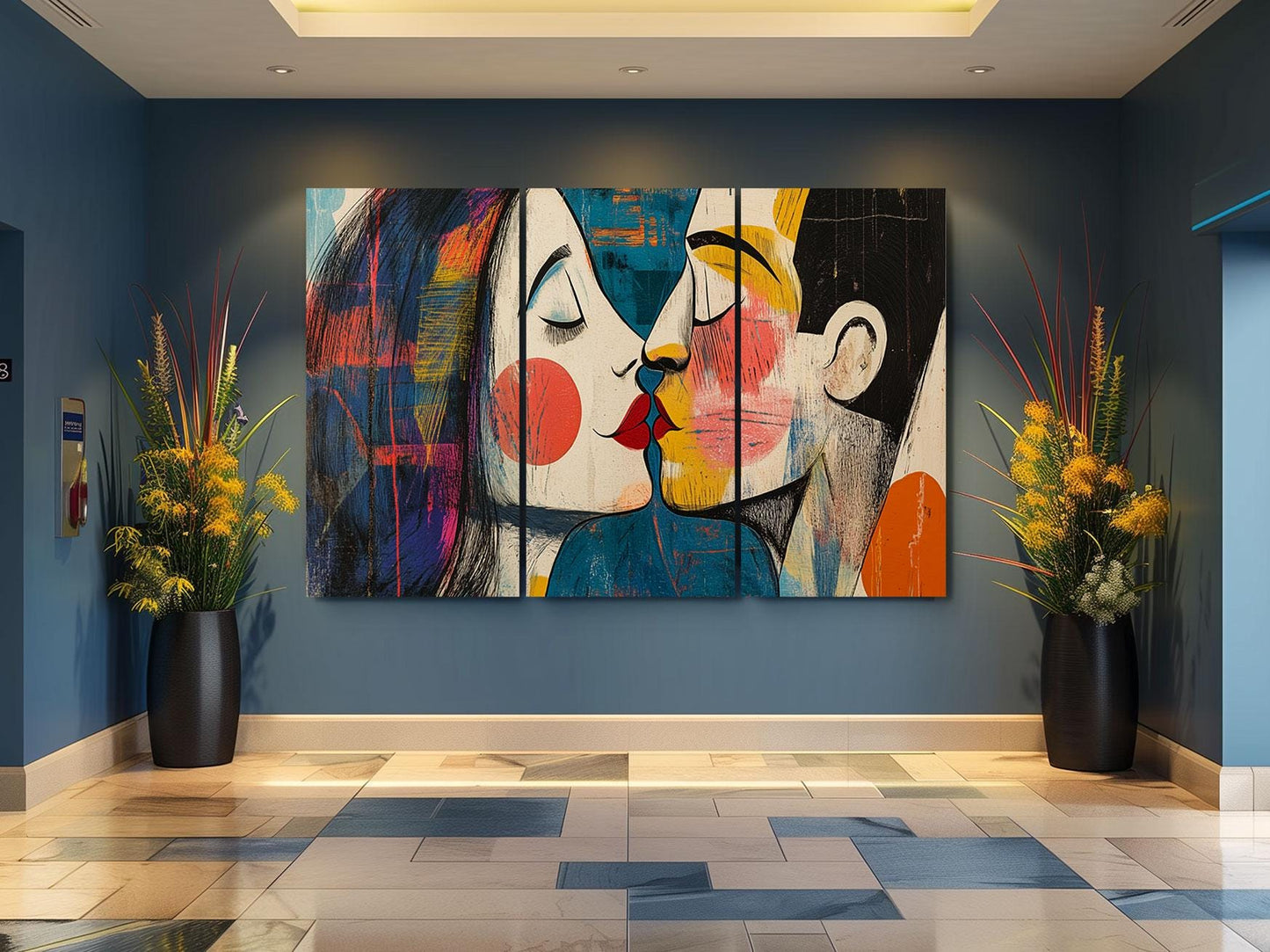 a painting on a wall in a lobby