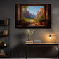 a serene indoor setting with a large painting of a mountain landscape hanging on the wall above a wooden desk with a lamp and some books.