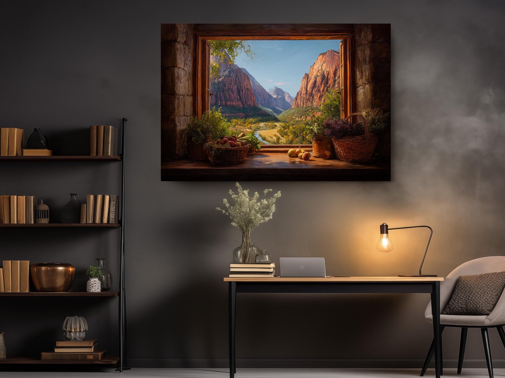 a serene indoor setting with a large painting of a mountain landscape hanging on the wall above a wooden desk with a lamp and some books.