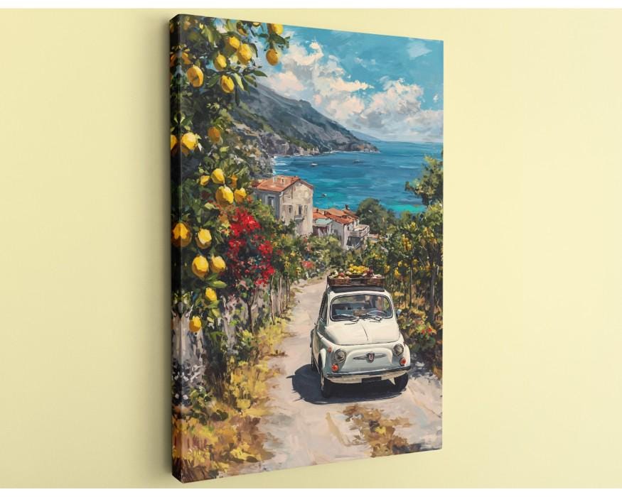 A white car drives down a picturesque coastal road lined with orange trees and overlooking the ocean.