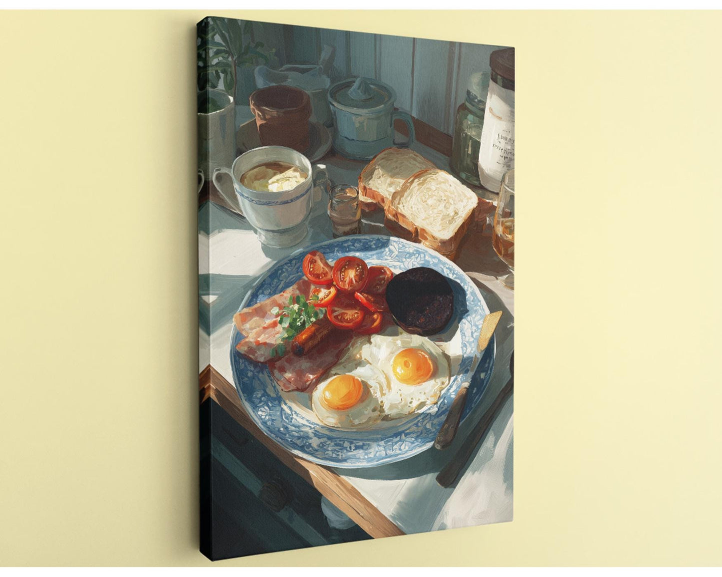 A breakfast scene featuring a plate of eggs, toast, bacon, and tomatoes, along with a cup of coffee and a teapot, all set on a table.