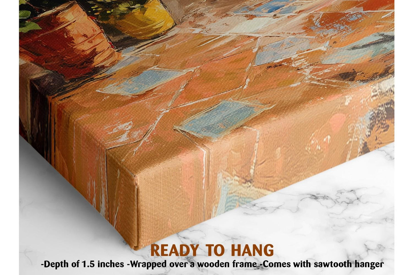 The image is a close-up of a canvas print featuring a vibrant abstract painting with a wooden frame. The print is described as a &quot;Ready to Hang&quot; and is framed by a wooden frame. The print is described as having a depth of 1.5 inches and is described as a &quot;wrapped over a wooden frame.&quot; It is also noted that the print comes with a sawtooth hanger.