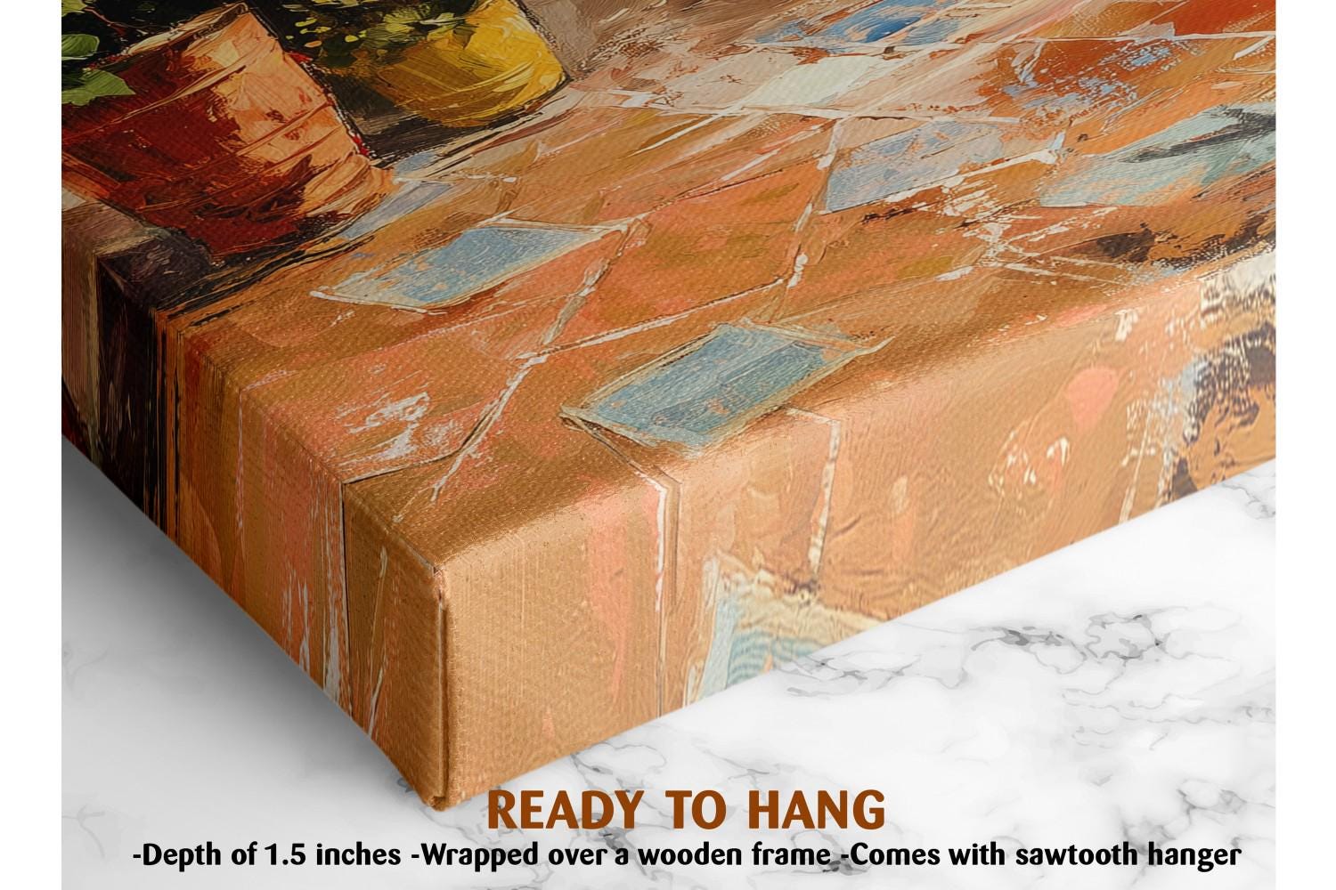 The image is a close-up of a canvas print featuring a vibrant abstract painting with a wooden frame. The print is described as a &quot;Ready to Hang&quot; and is framed by a wooden frame. The print is described as having a depth of 1.5 inches and is described as a &quot;wrapped over a wooden frame.&quot; It is also noted that the print comes with a sawtooth hanger.