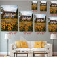 The image is a living room with a white sofa and a coffee table. Above the sofa, there are six framed prints of a house surrounded by a field of sunflowers, each with a different size and resolution. The prints are arranged in a grid pattern, with the largest print at the top and the smallest at the bottom. The prints are labeled with their respective sizes in inches, ranging from 40 to 36.