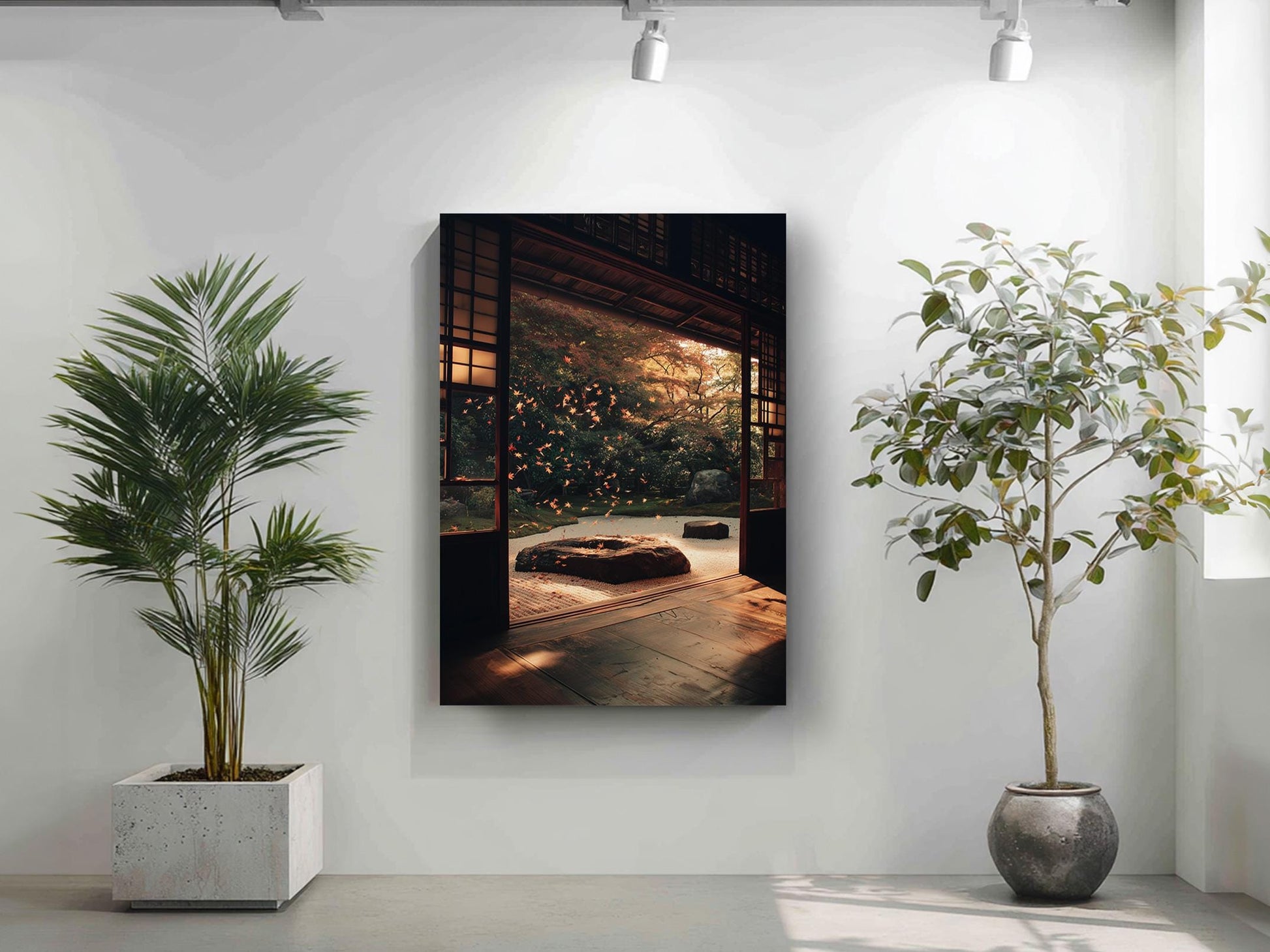 a serene indoor setting with a large potted plant on the left and a framed photograph of a tranquil garden scene on the right.