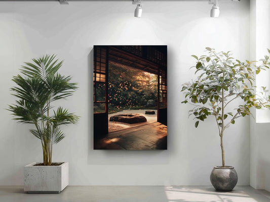 a serene indoor setting with a large potted plant on the left and a framed photograph of a tranquil garden scene on the right.