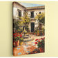 The image is a painting depicting a courtyard with a fountain, surrounded by potted plants and flowers.