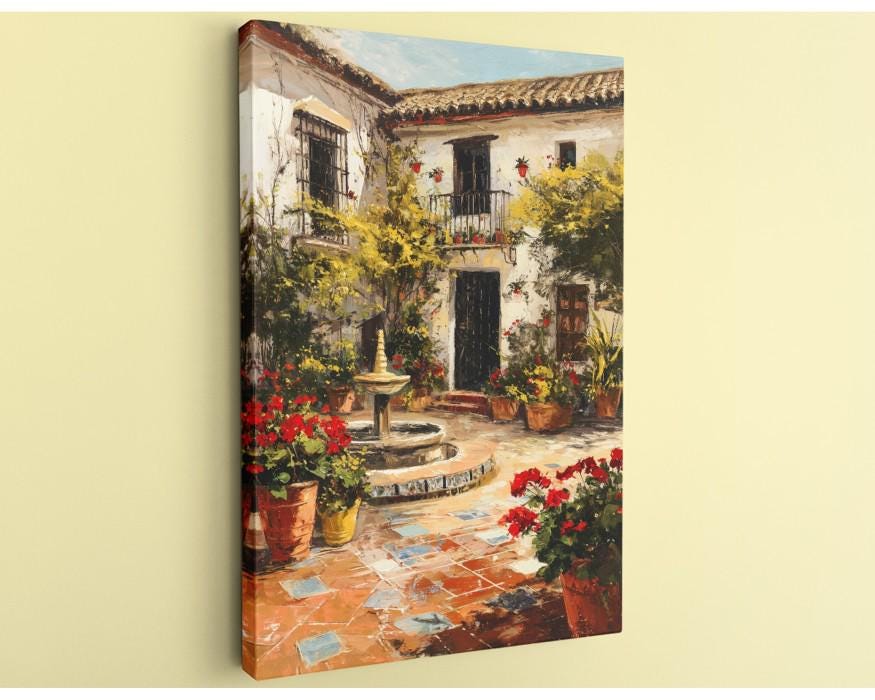 The image is a painting depicting a courtyard with a fountain, surrounded by potted plants and flowers.