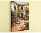 The image is a painting depicting a courtyard with a fountain, surrounded by potted plants and flowers.